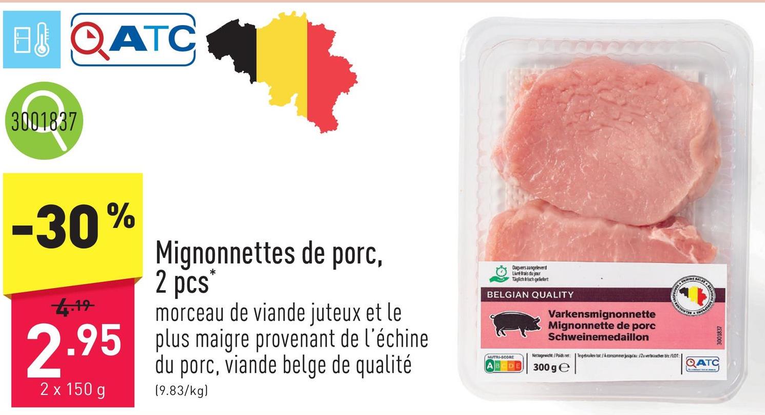 Mignonnettes de porc, 2 pcs morceau de viande juteux et le plus maigre provenant de l'échine du porc, viande belge de qualité
