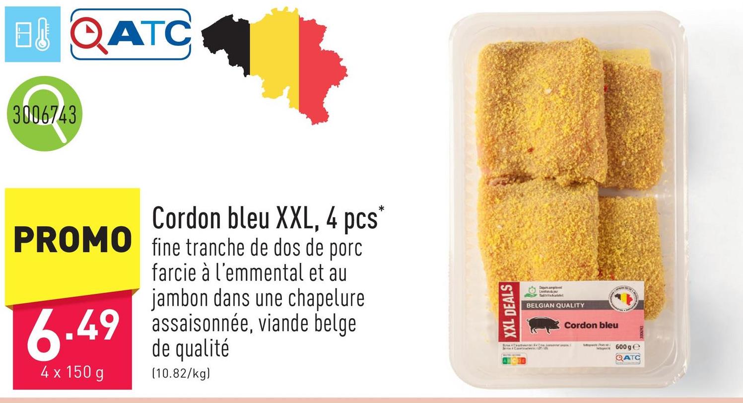 Cordon bleu XXL, 4 pcs fine tranche de dos de porc farcie à l'emmental et au jambon dans une chapelure assaisonnée, viande belge de qualité