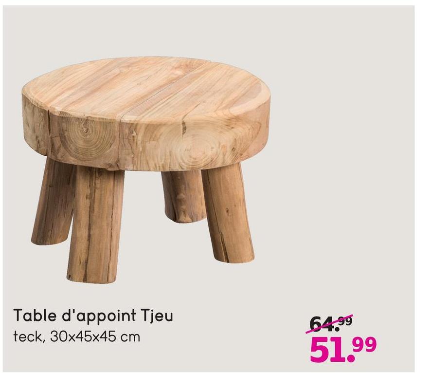 Table d'appoint Tjeu - couleur naturelle - 30xØ45 cm La table d'appoint Tjeu est un table pratique fantastique. Ce meuble à multiples usages est fait de teck.