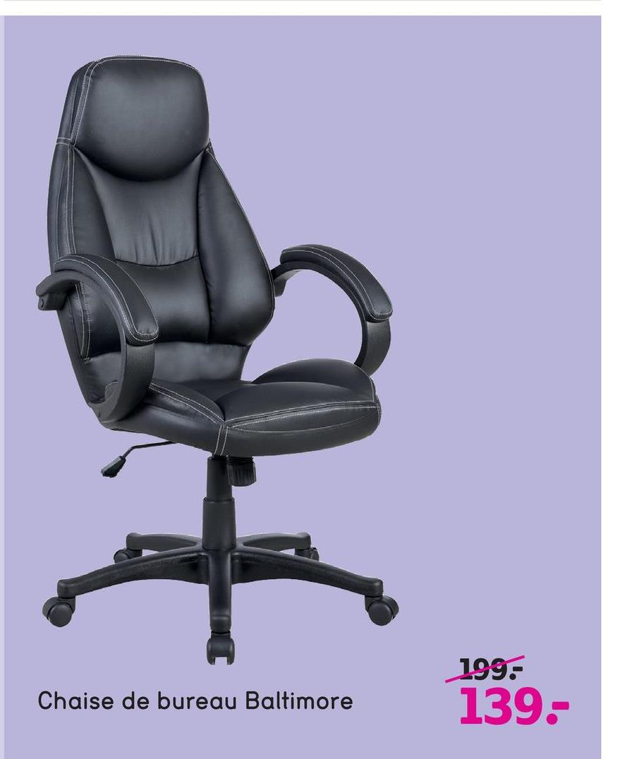 Chaise de bureau Baltimore - noire Avec la belle chaise de bureau Baltimore, le luxe ainsi que le confort sont essentiels. La chaise spacieuse est conçue afin de rendre vos longues journées de travail plus confortables.