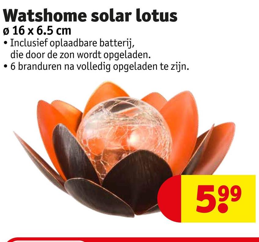 Watshome solar lotus
Ø 16 x 6.5 cm
Inclusief oplaadbare batterij,
die door de zon wordt opgeladen.
• 6 branduren na volledig opgeladen te zijn.
599
