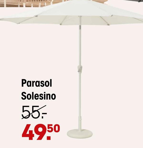 Parasol Solesino Beige/Zand Parasol Solesino is een parasol in een moderne stijl. Het doek is beige (zandkleurig) van kleur en gemaakt van 100% polyester. De parasol heeft een di