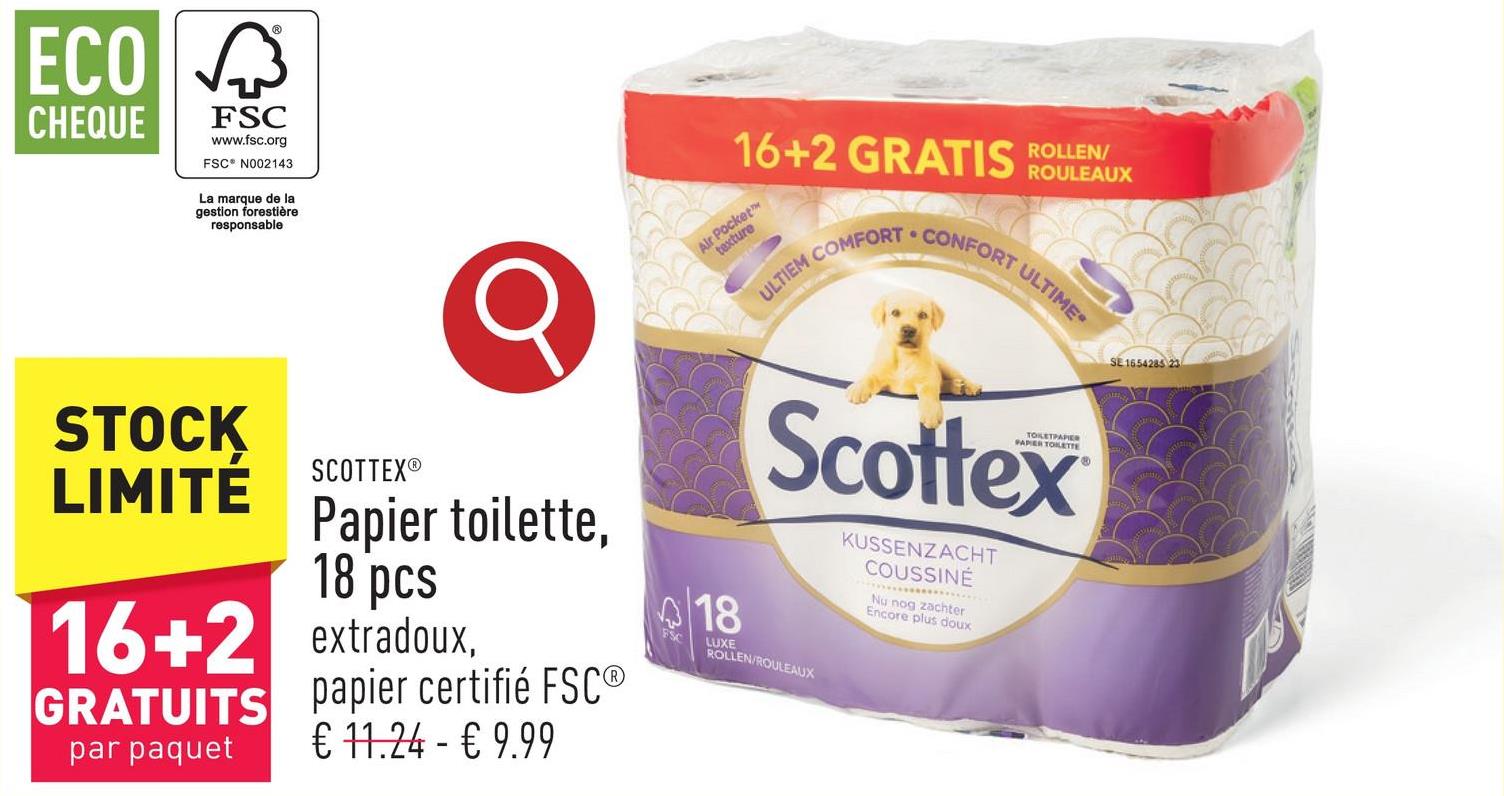 Papier toilette, 18 pcs texture Air Pocket™ (absorbe et offre un confort et une douceur ultimes), papier certifié FSC®