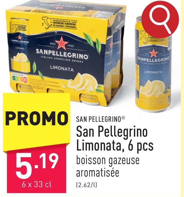 San Pellegrino Limonata, 6 pcs boisson gazeuse aromatisée à base de concentré de jus de citron