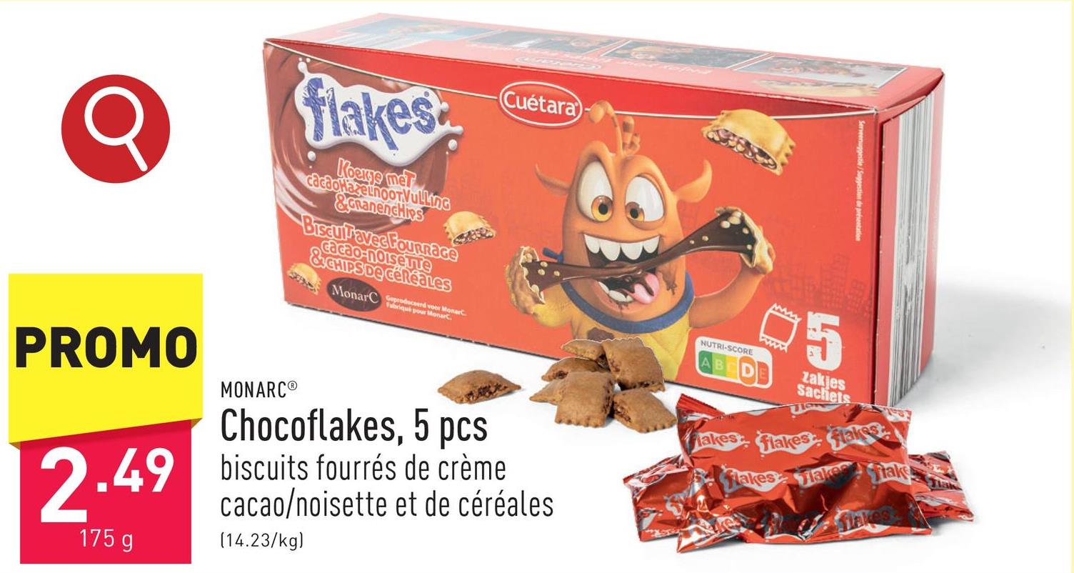 Chocoflakes, 5 pcs biscuits fourrés de crème cacao/noisette et de céréales