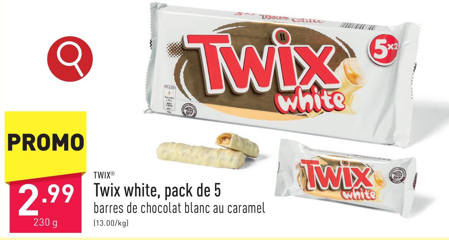 Twix white, pack de 5 barres de chocolat blanc avec biscuit croquant et caramel