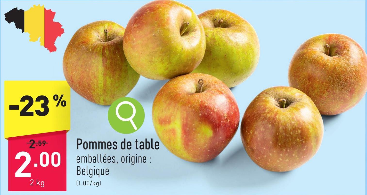 Pommes de table emballées, origine : Belgique