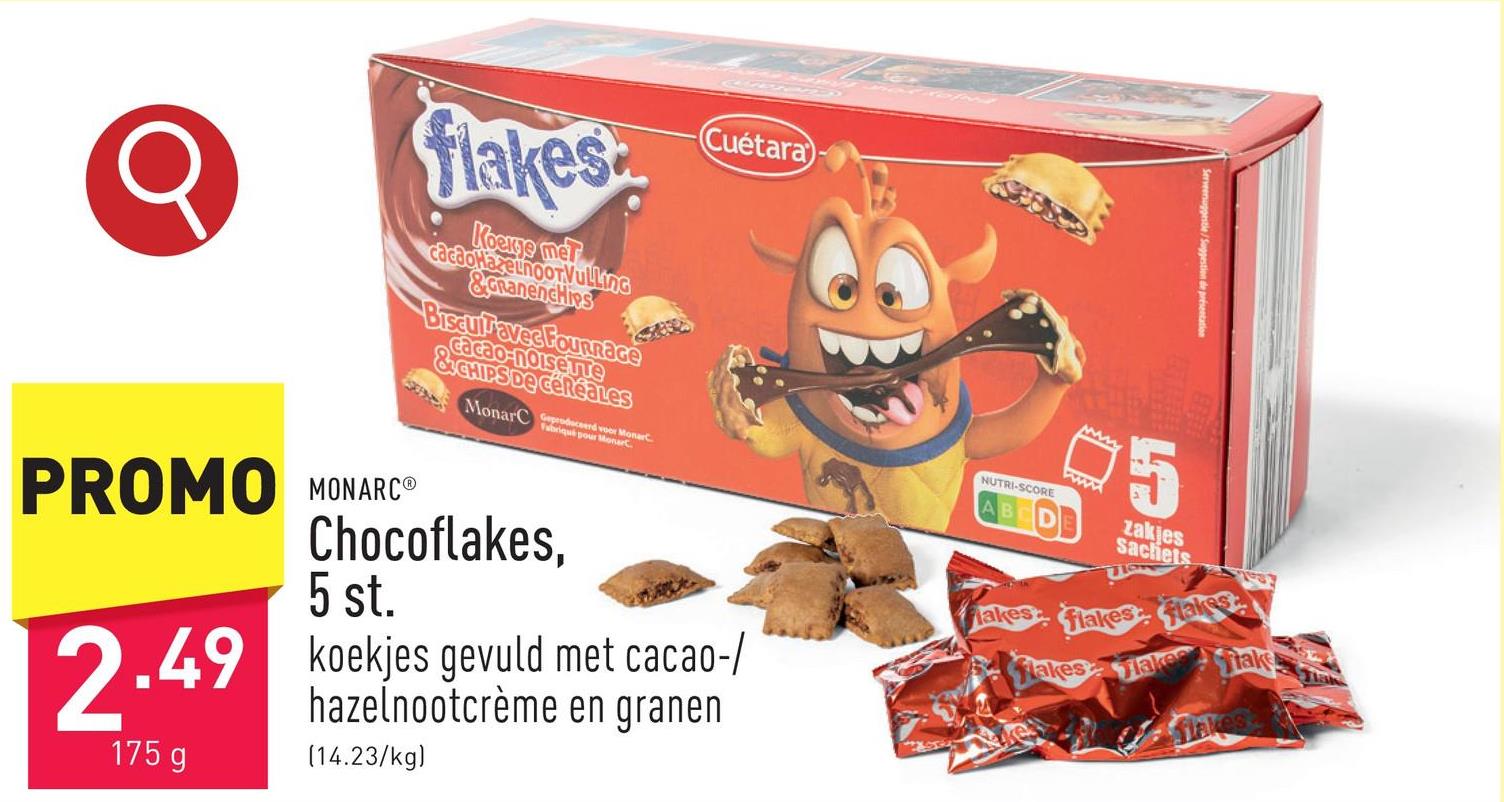 Chocoflakes, 5 st. koekjes gevuld met cacao-/hazelnootcrème en granen