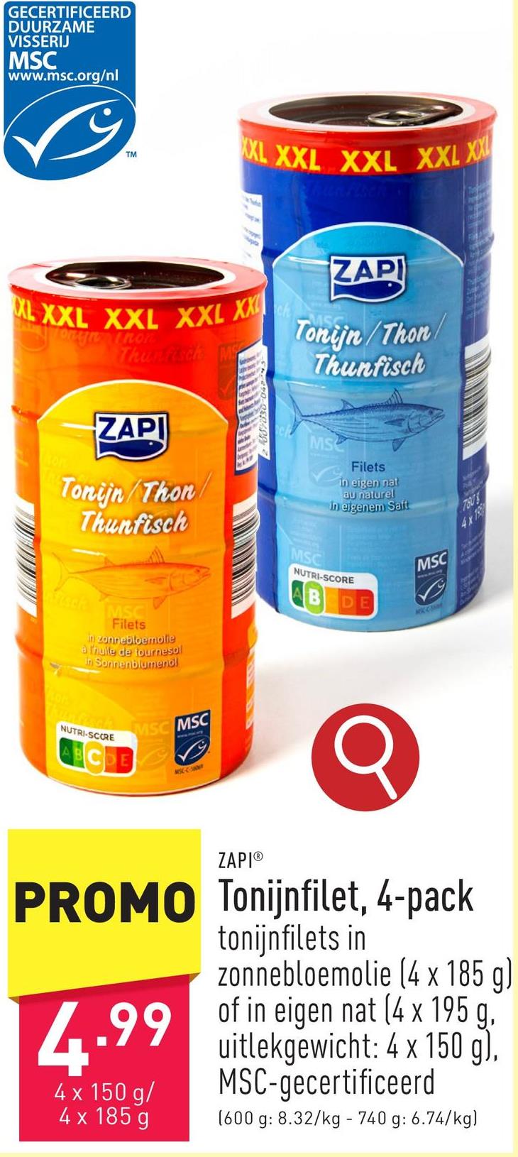 Tonijnfilet, 4-pack keuze uit tonijnfilets in zonnebloemolie (4 x 185 g) en in eigen nat (4 x 195 g, uitlekgewicht: 4 x 150 g), MSC-gecertificeerd
