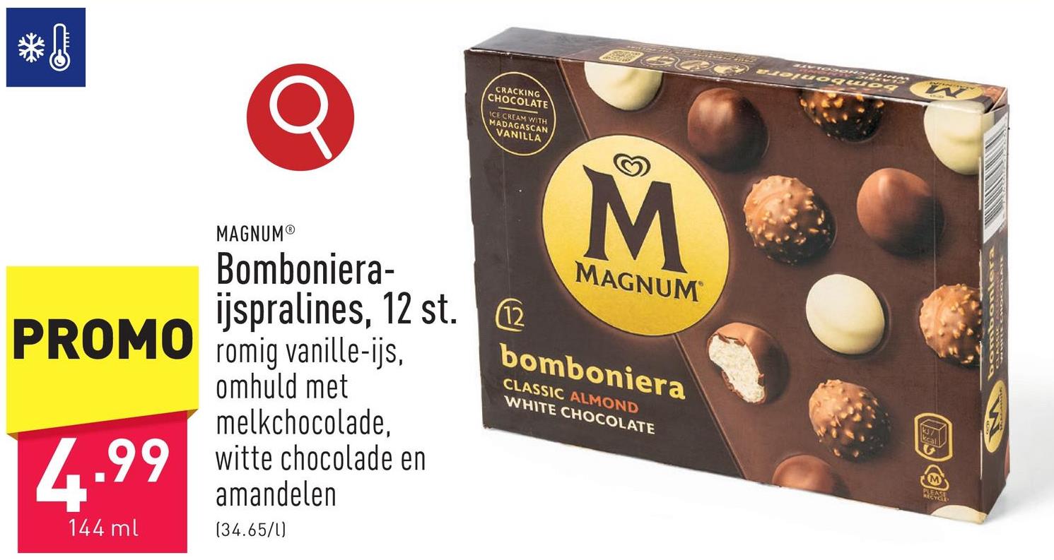 Bomboniera-ijspralines, 12 st. romig vanille-ijs, omhuld met melkchocolade, witte chocolade en amandelen