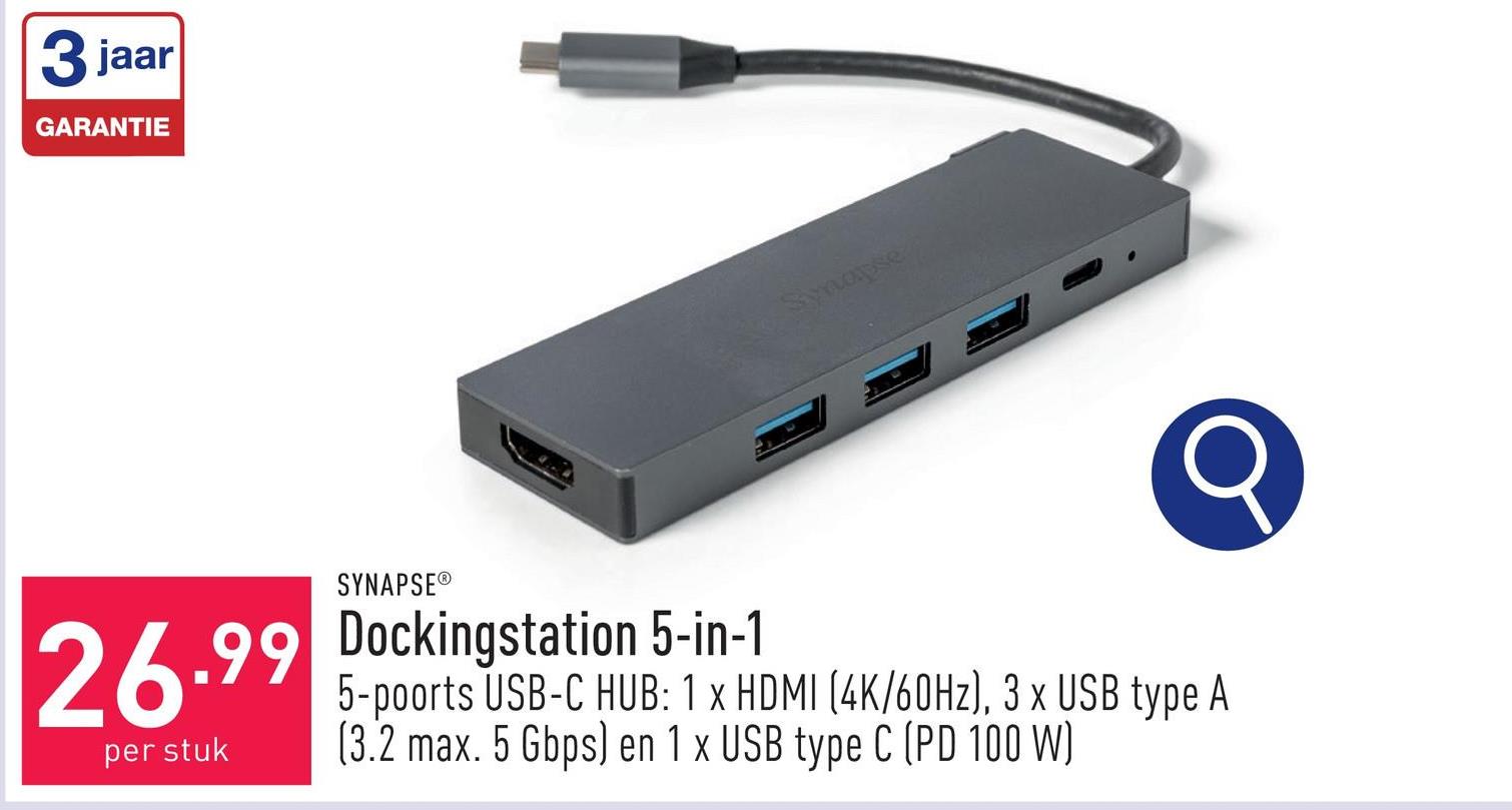 Dockingstation 5-in-1 5-poorts USB-C HUB: 1 x HDMI (4K/60Hz), 3 x USB type A (3.2 max. 5 Gbps) en 1 x USB type C (PD 100 W)