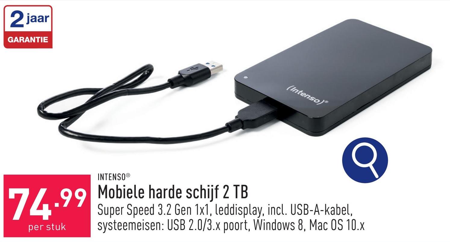 Mobiele harde schijf 2 TB Super Speed 3.2 Gen 1x1 (om gebruik te maken van standaard USB 3.2 is hardware nodig die compatibel is met 3.x)2,5 inch (6,35 cm)leddisplayincl. USB-A-kabelsysteemeisen: USB 2.0/3.x poort, Windows 8, Mac OS 10.x