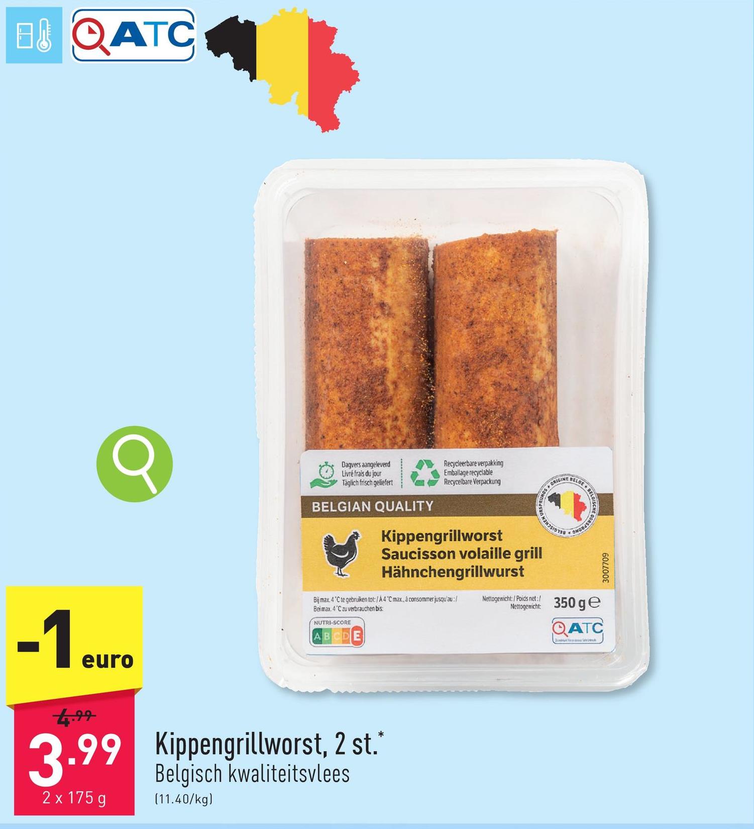 Kippengrillworst, 2 st. op basis van kip, Belgisch kwaliteitsvlees
