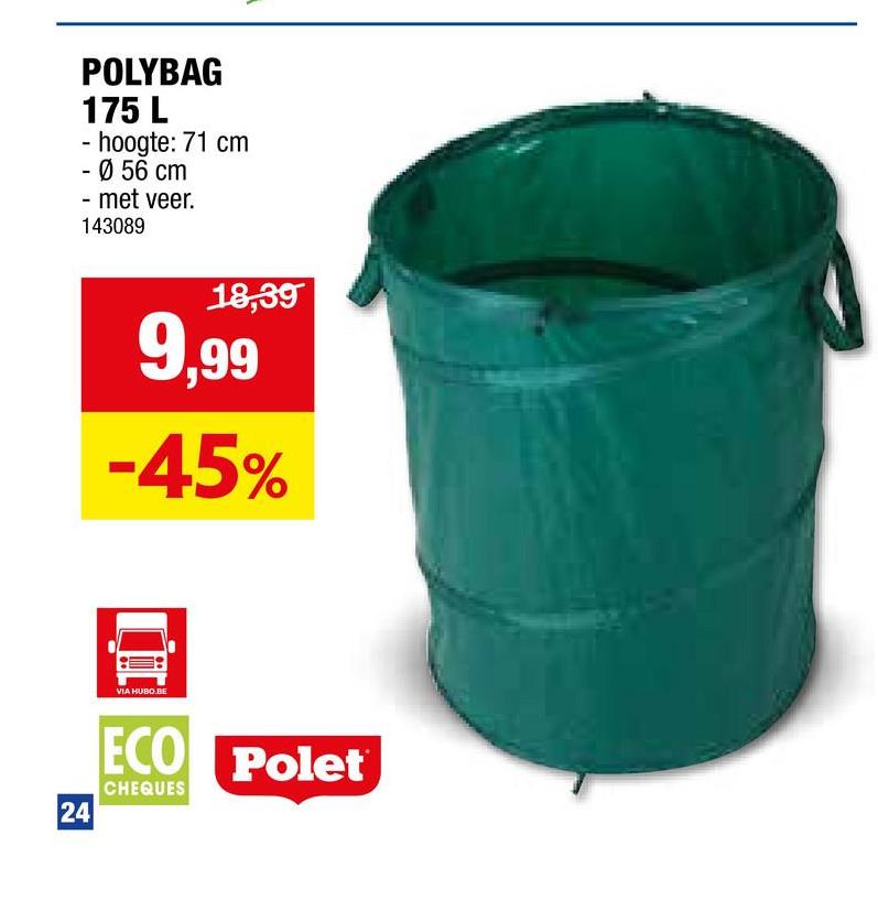 Herbruikbare zak met veer 56x71 cm 175l Deze herbruikbare zak van Polet heeft 2 draaglussen en is ideaal voor het verzamelen van tuinafval. De sterke en lichte zak kan zowel binnen als buiten gebruikt worden en is wasbaar en opvouwbaar.