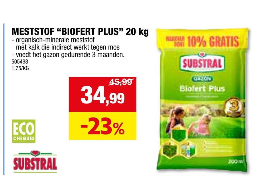 Biofert Plus 20kg Biofert Plus is een organisch-minerale meststof die kalk bevat en indirect werkt tegen mos. De meststof voedt je gazon gedurende 3 maanden en het toegevoegde magnesium maakt het gras diepgroen. De toegevoegde kalk houdt de zuurtegraad van de bodem op peil.<ul><li>Samenstelling: NPK 6-3-18 + 11CaO + 2MgO + ijzer</li><li>Dosis: 100g/m²</li></ul>