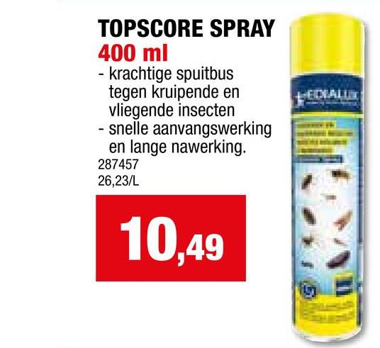 Edialux Topscore Spray insecticide 400ml Deze uitzonderlijk krachtige spuitbus is ideaal tegen alle kruipende en vliegende insecten. Dankzij de lange nawerking bestrijdt dit product snel en krachtig het ongedierte.