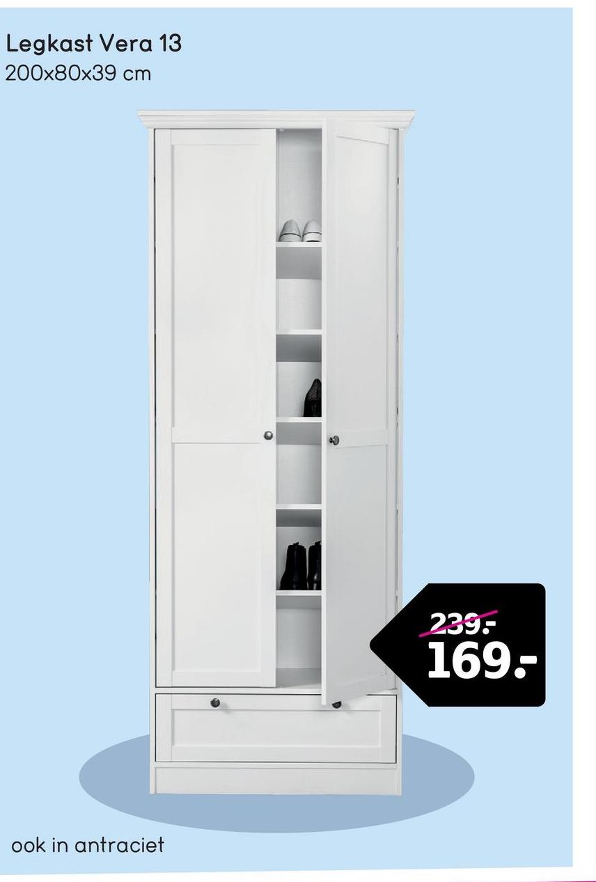 Legkast Vera 2-deurs - wit - 200x80x39 cm Kast Vera is een witte 2-deurskast met een landelijk romantische look. Deze kast heeft een stijlvolle uitstraling.