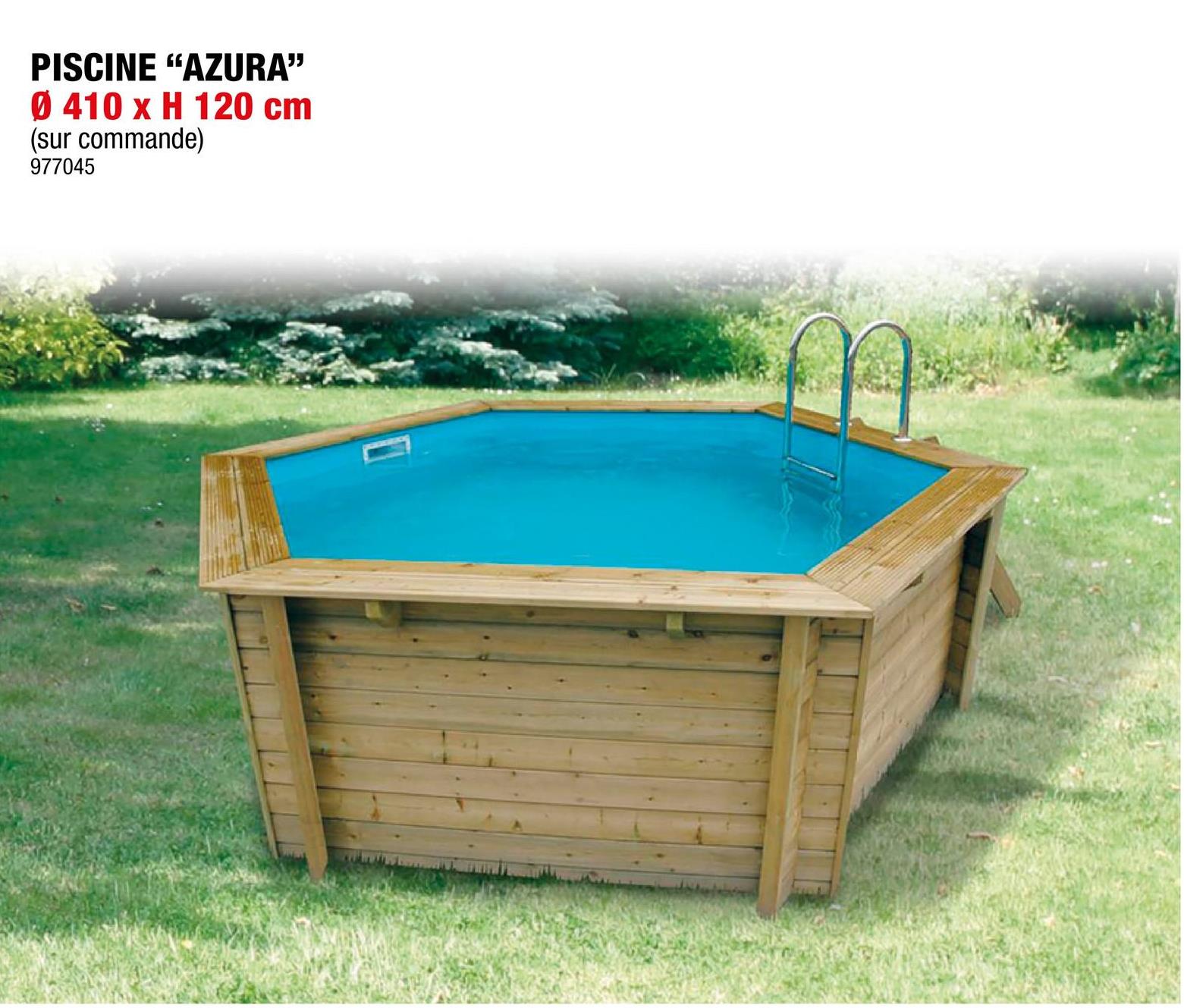 Ubbink Azura piscine 410x120 cm <p>La piscine hexagonale Azura en bois de Ubbink offre du plaisir aux petits et aux grands et trouve sa place sur n'importe quelle surface. Grâce à  sa faible hauteur de 120cm, même les plus jeunes enfants pourront en profiter. Grâce à  l'échelle en bois amovible, vous pouvez entrer dans la piscine en toute sécurité et la ranger facilement par la suite.</p>

<p>Grâce au traitement autoclave, votre piscine est protégée des moisissures et des insectes destructeurs de bois. Un fond en feutre antibactérien est également inclus dans la piscine, de sorte qu'elle répond entièrement aux exigences de sécurité prescrites. Vous pouvez installer la piscine soit hors sol, soit partiellement ou totalement enterrée.</p>

<p>Que vous choisissiez une piscine hors sol ou une piscine partiellement ou totalement enterrée, la piscine doit toujours être posée sur une dalle en béton, en raison de la stabilité requise et pour pouvoir continuer à  bénéficier de la garantie.</p>

<p>Inclus :</p>

<ul>
	<li>Échelle en bois amovible à  3 marches</li>
	<li>Échelle de piscine en acier inoxydable à  3 marches</li>
	<li>Fond en feutre antibactérien 200 g/m²</li>
	<li>Liner 0,5mm</li>
	<li>Bâche à  bulles comprise</li>
	<li>Skimmer</li>
	<li>Filtre à  sable D 400 6 m³/h</li>
	<li>Pompe de piscine Poolmax TP35 230V</li>
</ul>