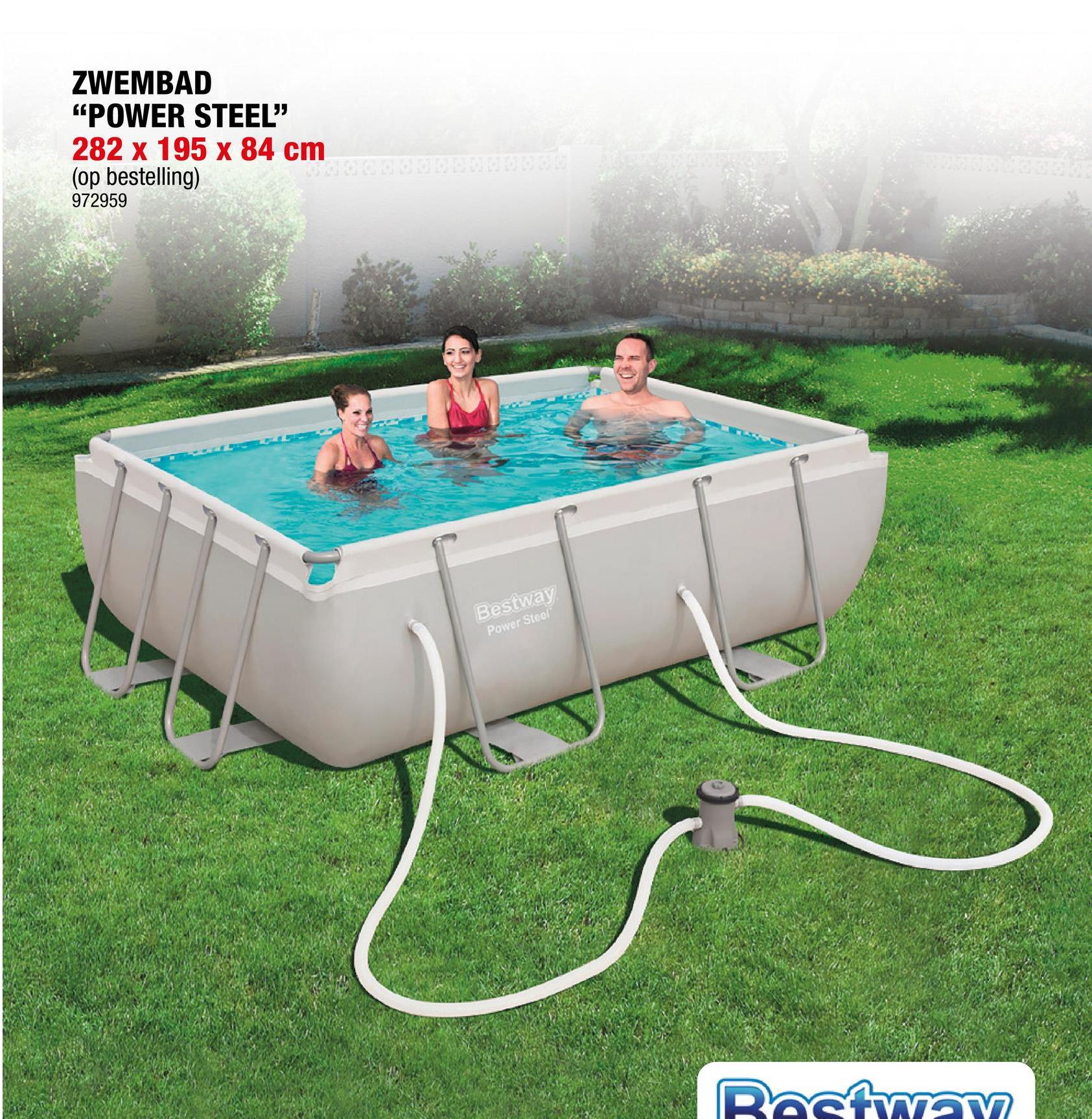 Bestway Power Steel zwembad 282x196x84 cm <p>Het Bestway Power Steel zwembad is perfect om samen met je familie te kunnen genieten van wat verkoeling tijdens de zomer. Het zwembad is uitgerust met een extra versterkt, corrosiebestendig stalen frame met het slimme Seal &ampLock systeem, met onderaan een 3-laags PVC band ter extra ondersteuning. </p><p>Het zwembad is zeer gemakkelijk te installeren. De installatie duurt meestal ongeveer 20 minuten met 3 personen, exclusief grondwerken en opvullen.</p>Duurzaam Tritech materiaal UV- en chloorbestendig Watercapaciteit 90%: 3662l Moza&iuml;ek print Sterkere frame met U-vormige poten Gemiddeld 1x per 2 weken cartridge vervangenEN16582-1, EN16582-3, EN16713-1, EN16713-2 en EN16713-3 Europese standaarden Chemconnect Dispenser voor een stabiel chloorgehalte en een goede chemische balans Cartridgefilterpomp 1,2 m³;/u 220-240 V: cartridge type I
