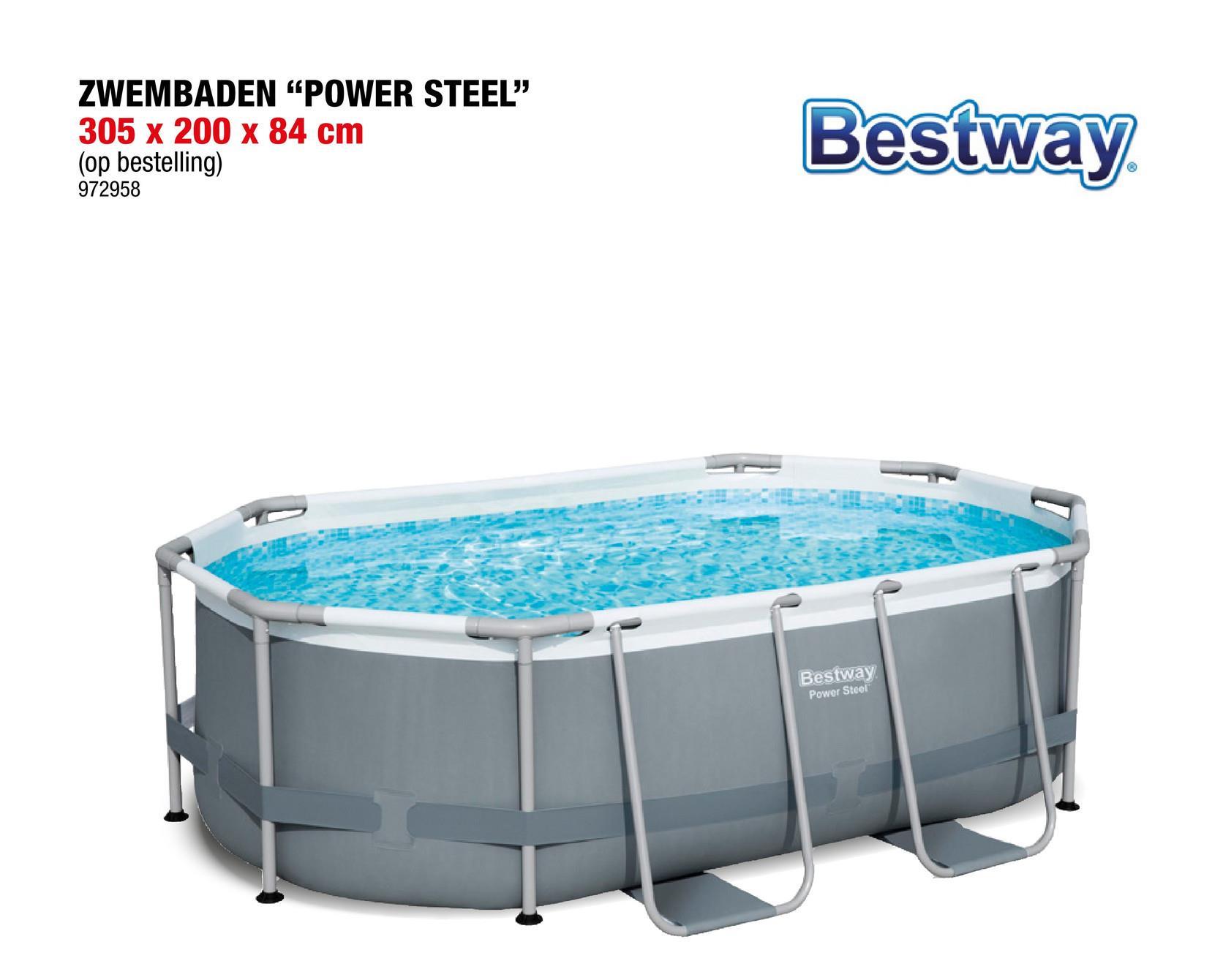 Bestway Power Steel zwembad 305x200x84 cm <p>Het Bestway Power Steel zwembad is perfect om samen met je familie te kunnen genieten van wat verkoeling tijdens de zomer. Het zwembad is uitgerust met een extra versterkt, corrosiebestendig stalen frame met het slimme Seal &ampLock systeem, met onderaan een 3-laags PVC band ter extra ondersteuning. </p><p>Het zwembad is zeer gemakkelijk te installeren. De installatie duurt meestal ongeveer 30 minuten met 3 personen, exclusief grondwerken en opvullen. </p>Duurzaam Tritech materiaal Chemconnect Dispenser voor een stabiel chloorgehalte en een goede chemische balans Moza&iuml;ek printReparatiepatch Cartridgefilterpomp 1,2 m³;/u 220-240 V