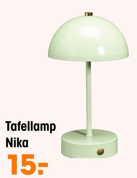Tafellamp Nika Groen <p>Tafellamp Nika is gemaakt van metaal en heeft een geïntegreerde LED lamp die werkt op batterijen. Zo is de lamp zowel binnen als buiten te gebruiken. De lichtgroene kleur zorgt voor een vrolijke uitstraling en past perfect in een retro en kleurrij