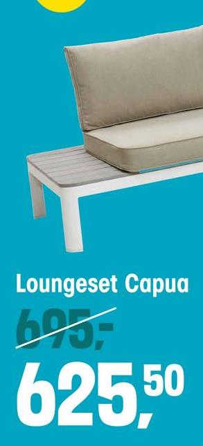 Loungeset Capua Zand Loungeset Capua is een sfeervolle hoekbank met een moderne uitstraling.  De tuinbank is gemaakt van aluminium en de tafelbladen aan de zijkant hebben een houtlook.  De kussens zijn inbegrepen en hebben een zandkleurig beige kleur.  De afmeting van de