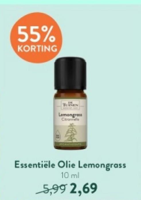 55%
KORTING
TUISES
Lemongrass
Ctravele
Essentiële Olie Lemongrass
10 ml
5,99 2,69