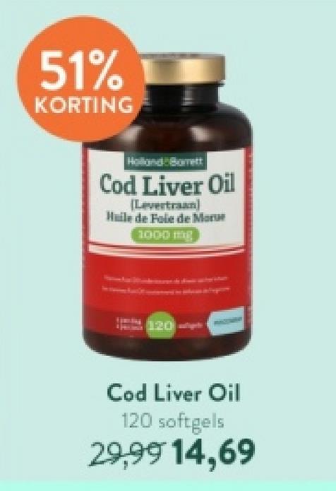 51%
KORTING
Holland Borett
Cod Liver Oil
[Levertraan]
Huile de Foie de More
1000 mg
120
Cod Liver Oil
120 softgels
29,99 14,69