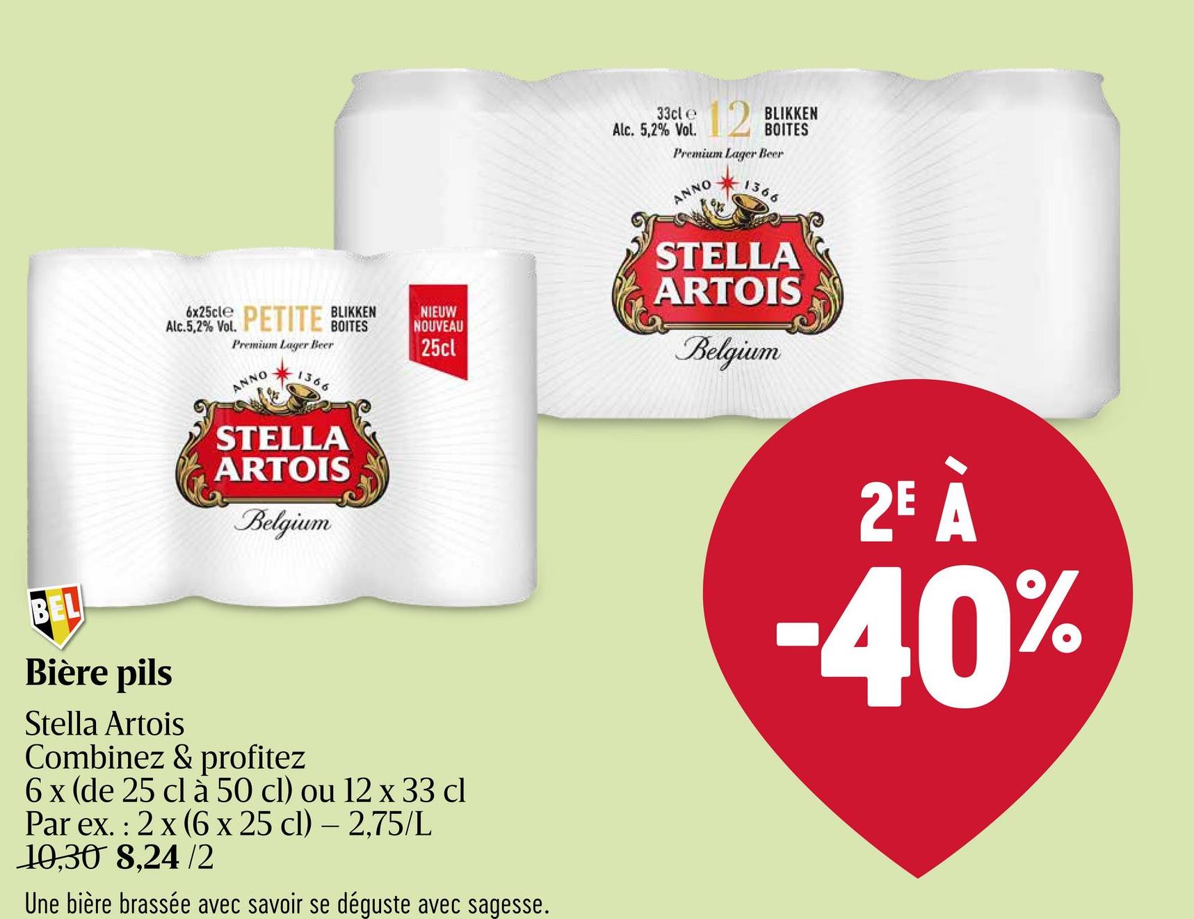 Bière blonde | Pils | 5,2% ALC. | Canette Stella Artois Pils Bière Canette 6x33cl