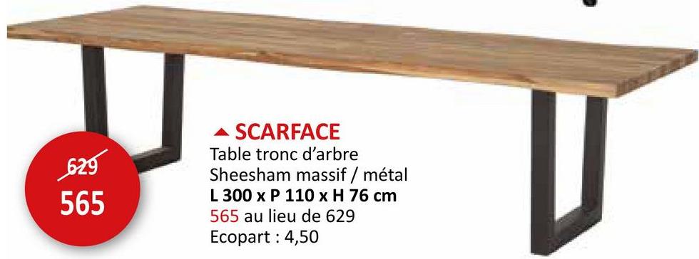 629
565
▲ SCARFACE
Table tronc d'arbre
Sheesham massif / métal
L 300 x P 110 x H 76 cm
565 au lieu de 629
Ecopart: 4,50