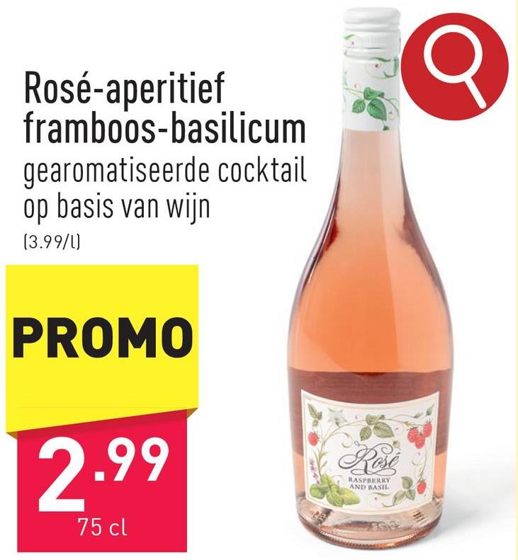 Rosé-aperitief framboos-basilicum gearomatiseerde cocktail op basis van wijn, mousserend aperitief met aroma's van framboos en basilicum
