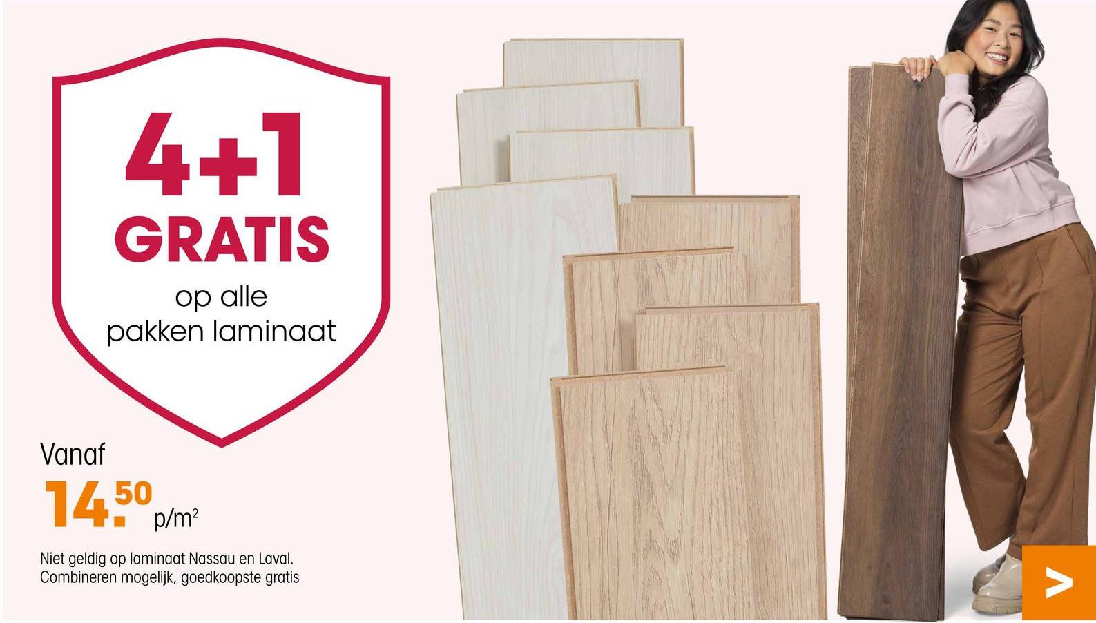 4+1
GRATIS
op alle
pakken laminaat
Vanaf
14.50 p/m²
Niet geldig op laminaat Nassau en Laval.
Combineren mogelijk, goedkoopste gratis