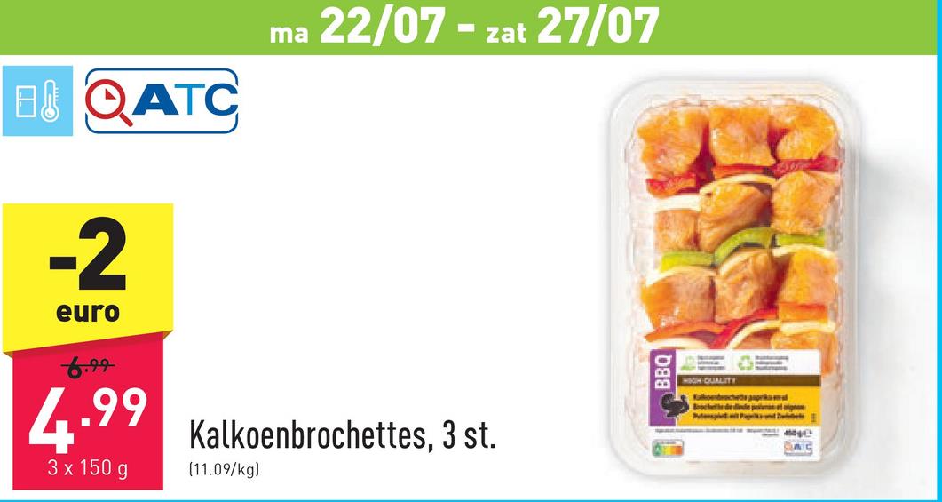 Kalkoenbrochettes, 3 st. brochettes van gekruide kalkoenblokjes, paprika en ui, Duits kwaliteitsvlees