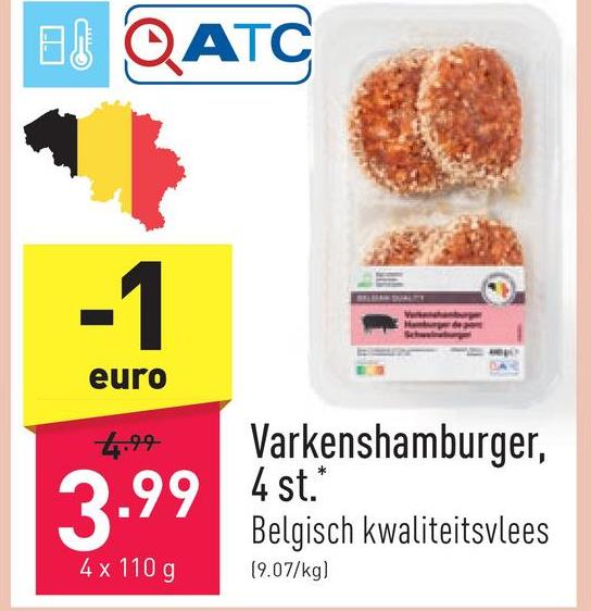 Varkenshamburger, 4 st. hamburger van mager varkensvlees met kruidenmengeling en krokant korstje, Belgisch kwaliteitsvlees