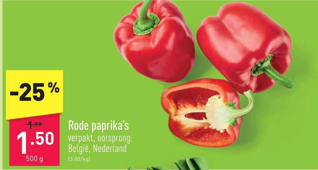 Rode paprika's verpakt, oorsprong: België, Nederland