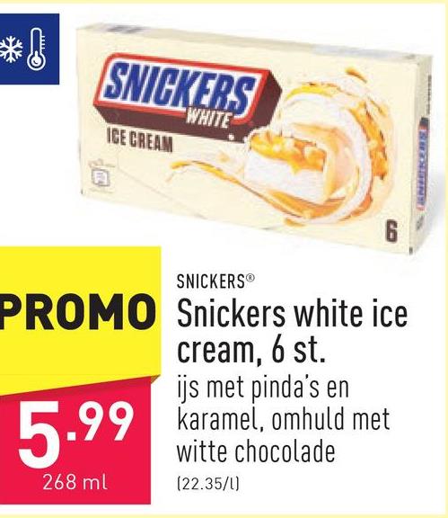 Snickers white ice cream, 6 st. ijs met pinda's en karamel, omhuld met witte chocolade