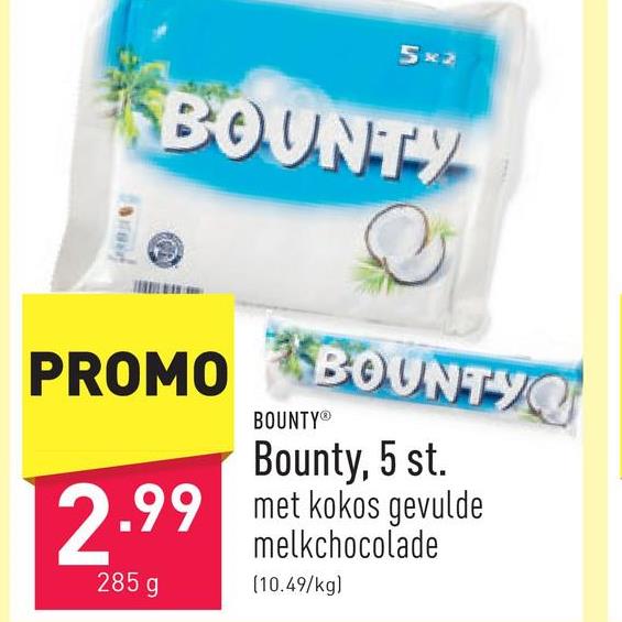 Bounty, 5 st. met kokos gevulde melkchocolade, individueel verpakt