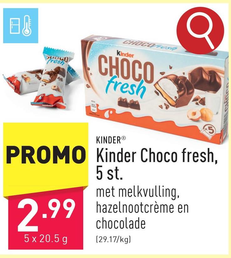 Kinder Choco fresh, 5 st. met melkvulling, hazelnootcrème en chocolade