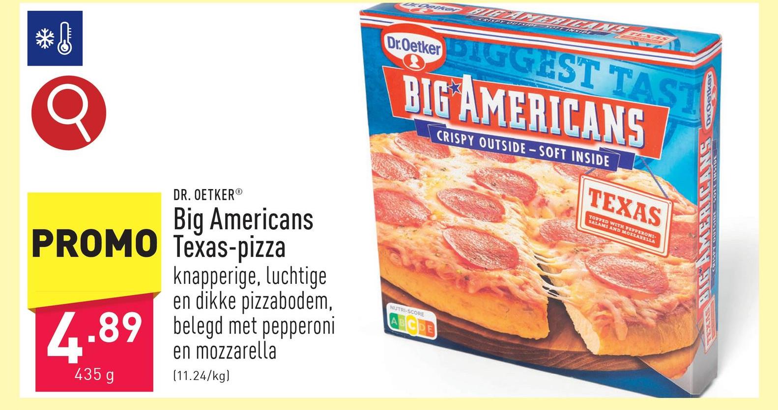 Big Americans Texas-pizza knapperige, luchtige en dikke pizzabodem, belegd met pepperoni en mozzarella