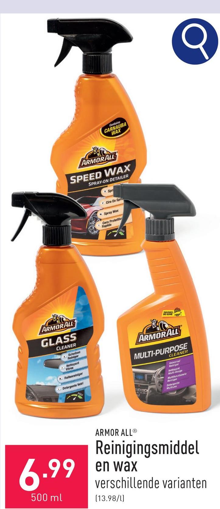 Reinigingsmiddel en wax keuze uit Glass Cleaner (ruitenreiniger), Multi-purpose Cleaner (verwijdert hardnekkig vuil) en Speed Wax (geeft glans)