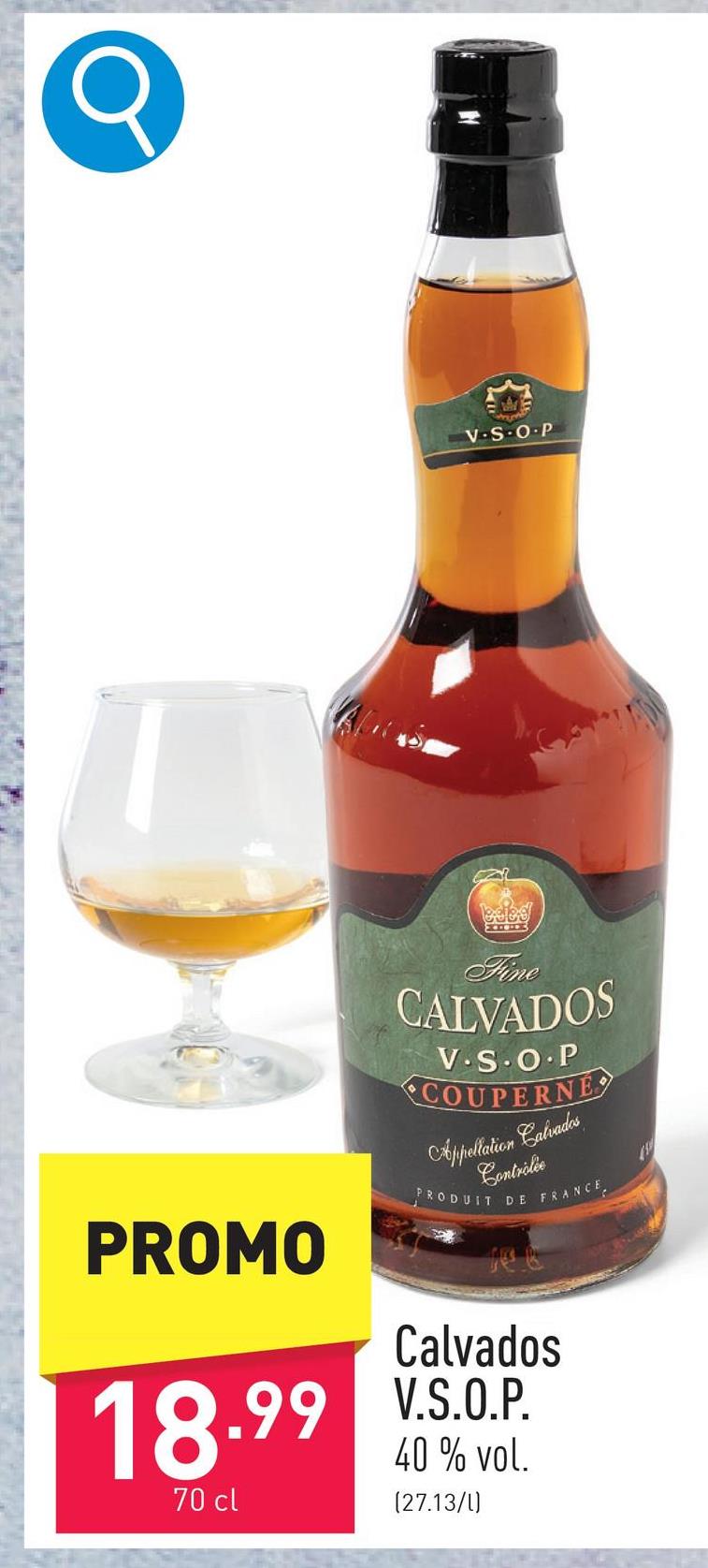 Calvados V.S.O.P. op basis van appelcider die op eikenhouten vaten heeft mogen rijpen, volle, rijpe en zachte smaak, 40 % vol.