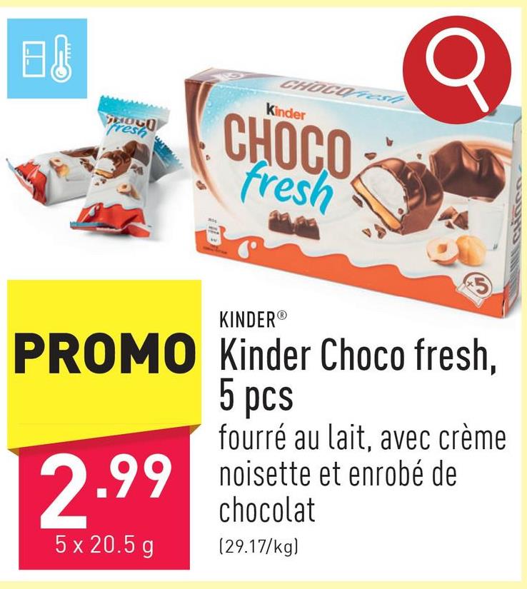 Kinder Choco fresh, 5 pcs fourré au lait, avec crème noisette et enrobé de chocolat