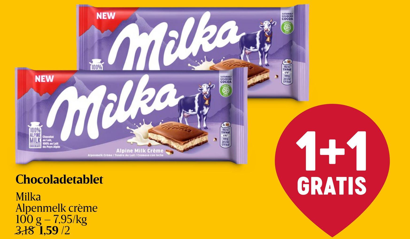 Milka | Alpenmelk | Crème | 100g Een nieuwe tablet Milka Melkchocolade gevuld met Alpenmelk Crème voor een extra tedere smaakbeleving.