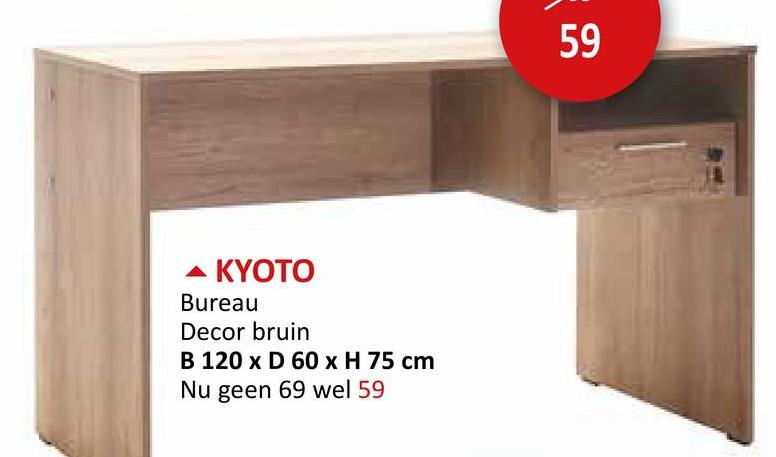 59
59
▲ KYOTO
Bureau
Decor bruin
B 120 x D 60 x H 75 cm
Nu geen 69 wel 59