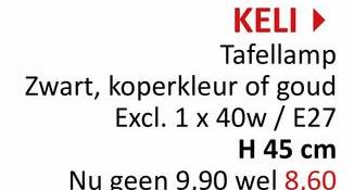 KELI▸
Tafellamp
Zwart, koperkleur of goud
Excl. 1 x 40w/E27
H 45 cm
Nu geen 9.90 wel 8.60