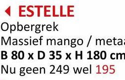 ◄ ESTELLE
Opbergrek
Massief mango / metaa
B 80 x D 35 x H 180 cm
Nu geen 249 wel 195