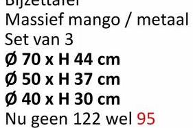 Massief mango / metaal
Set van 3
Ø 70 x H 44 cm
Ø 50 x H 37 cm
Ø 40 x H 30 cm
Nu geen 122 wel 95