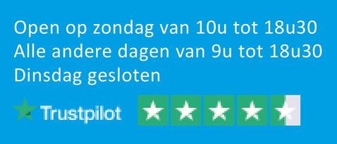 Open op zondag van 10u tot 18u30
Alle andere dagen van 9u tot 18u30
Dinsdag gesloten
Trustpilot