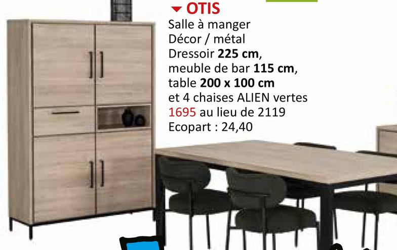 OTIS
Salle à manger
Décor / métal
Dressoir 225 cm,
meuble de bar 115 cm,
table 200 x 100 cm
et 4 chaises ALIEN vertes
1695 au lieu de 2119
Ecopart: 24,40