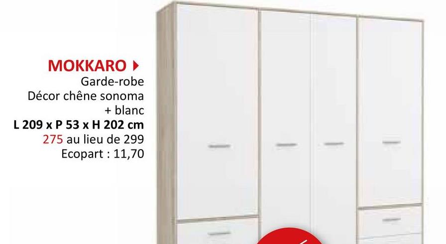 MOKKARO ▸
Garde-robe
Décor chêne sonoma
+ blanc
L 209 x P 53 x H 202 cm
275 au lieu de 299
Ecopart: 11,70